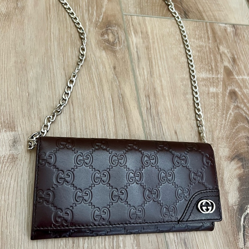 Gucci Brown Embossed GG Leather Chain Wallet